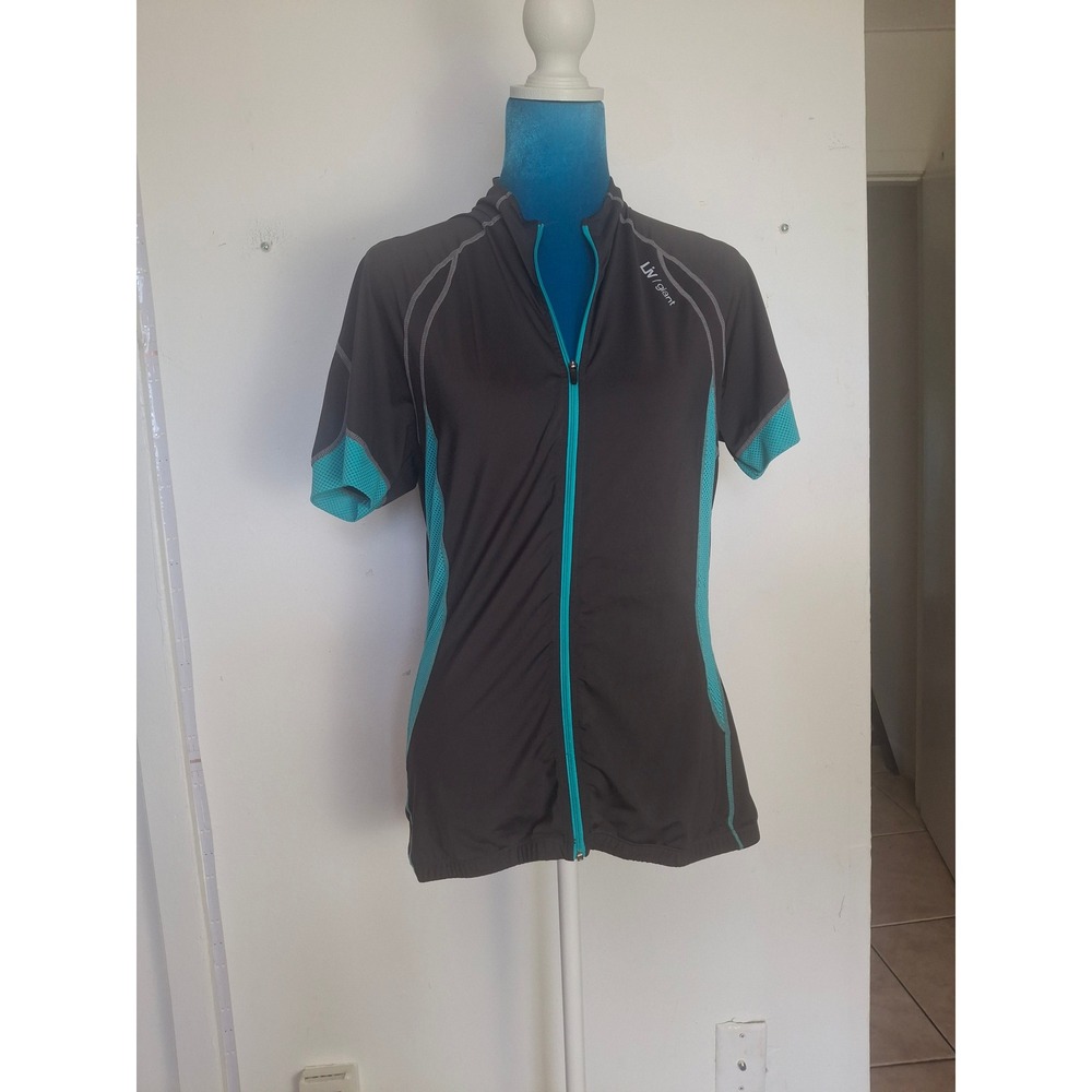 Liv Giant Womens Cycling Jersey Gray Turquoise Short Sleeve Full Zip Size L
